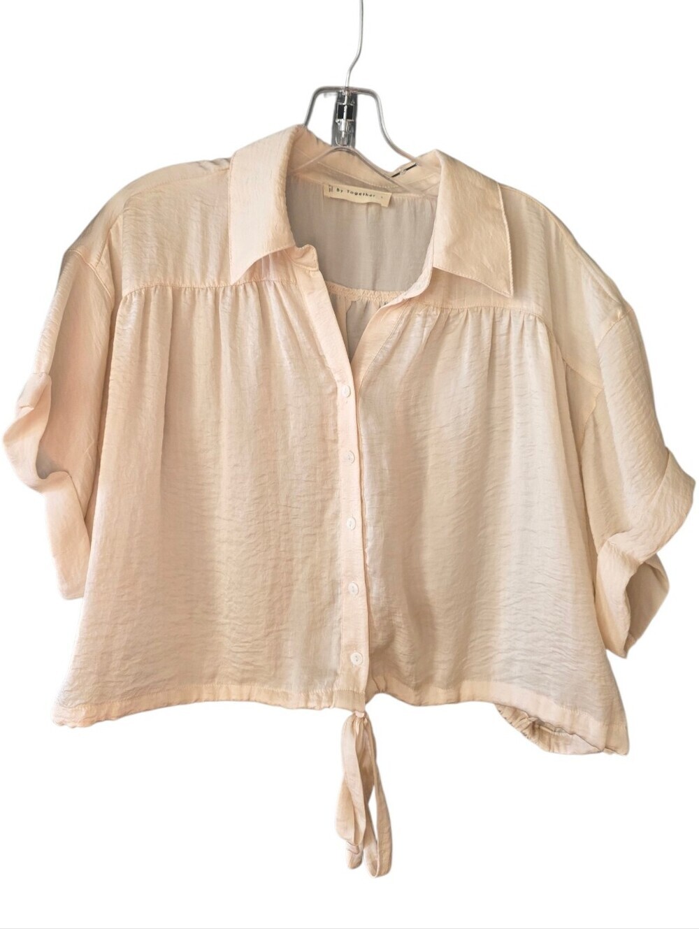 By Together Cream Color Tie-Hem Short Sleeve Button-Down Shirt Size Large